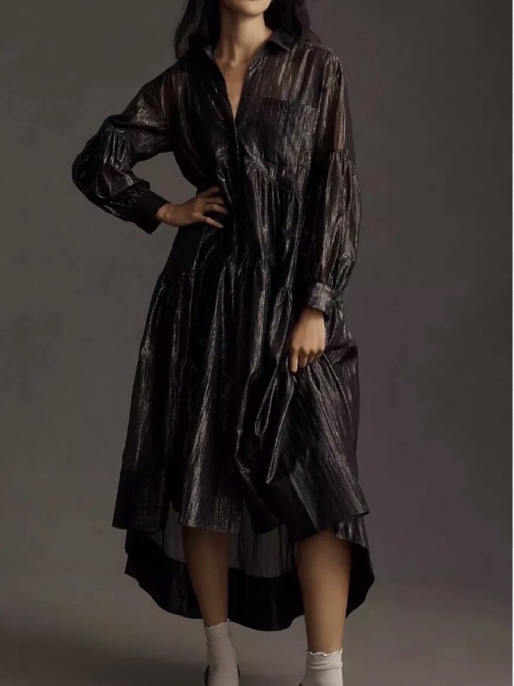 Anthropologie Shimmery Black High-Low Shirt Dress